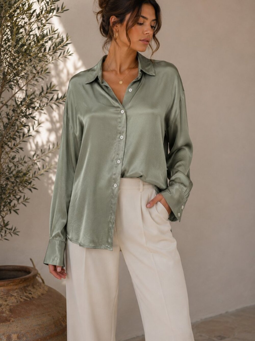 Sleek Satin Button-Up Blouse - Olive Green
